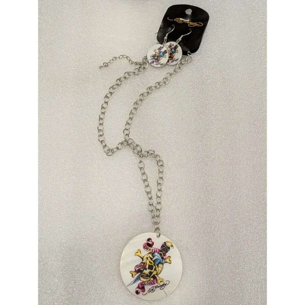 New ED HARDY Death or Glory Mother of Pearl Necklace and Earrings Set